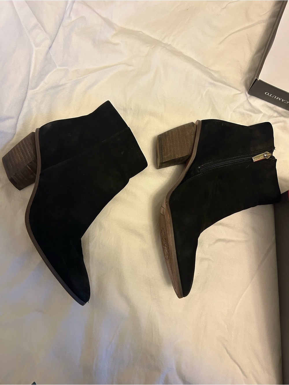 Vince Camuto Black Suede Ankle Booties with Wooden Block Heel
